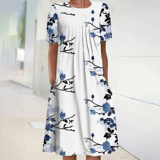 Robes Maxi pour Femmes Robe d'Été Bohème à Imprimé à Manches Courtes Robe de Plage Longueur Genou Robe à Manches Courtes en Liquidation