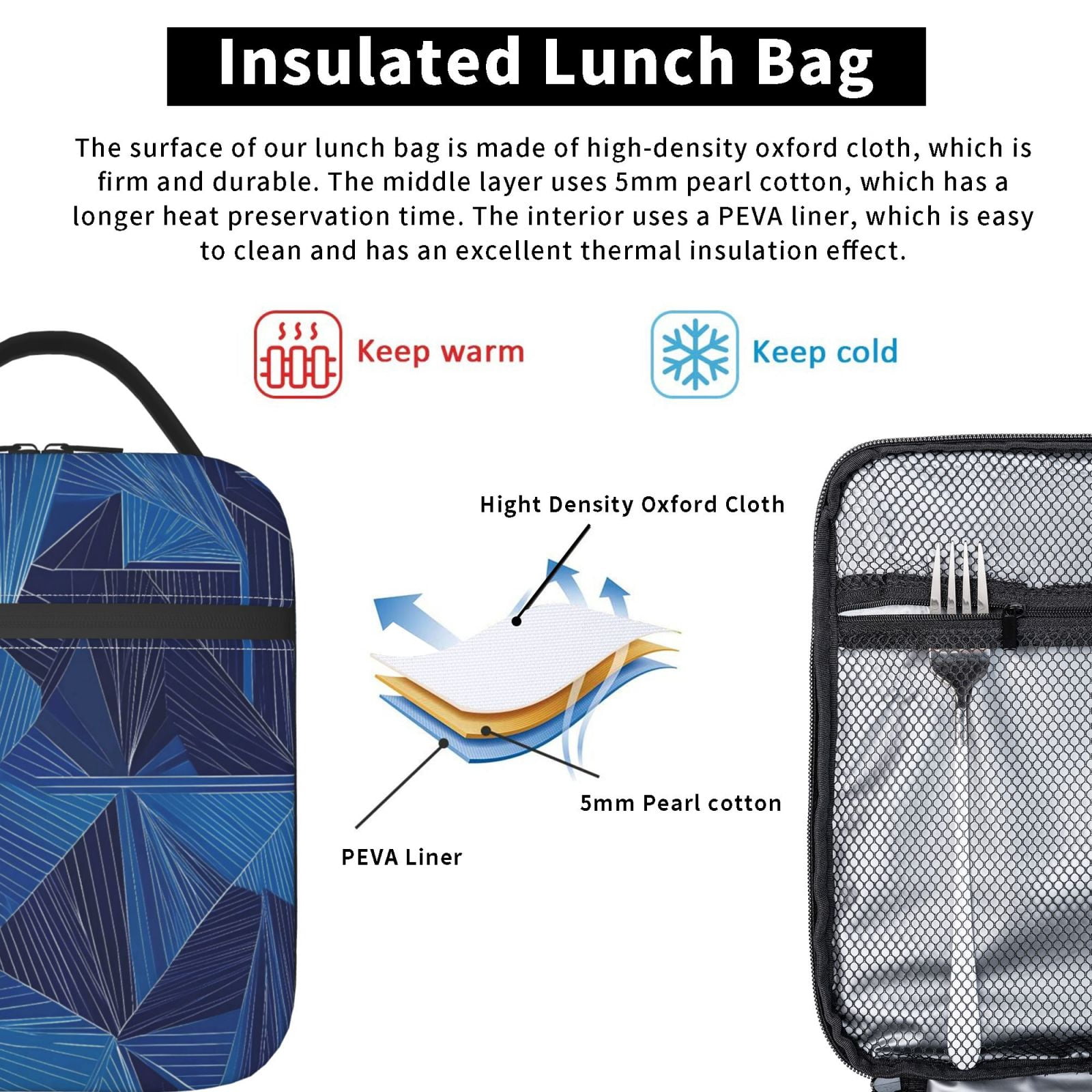 Lunch Bag For Women Men Insulated Portable Lunch Box Bento Box Office Picnic Travel Cooler Bag Blue Geometric Lines_2