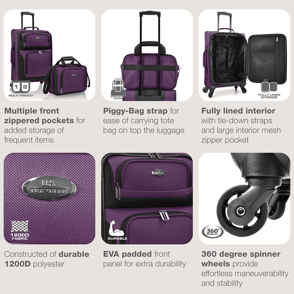 U.S. Traveler Rio Rugged Fabric Expandable Carry-on Spinner Luggage Set w/ Tote, Purple, 2 Piece (21/14)