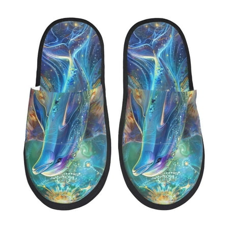 Balery Colorful Winged Dolphin Slient Indoor Furry Fleece Comfort House Shoes Soft Non-Slip Home Shoes Cotton slippers House Slippers-- Large
