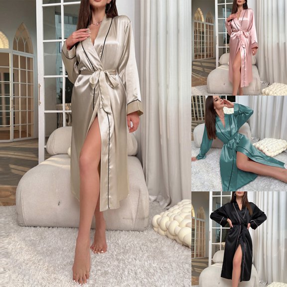 Sakmal Robes for Women Satin Long Plus Size Loungewear for Women Black Cute Ladies Robe L