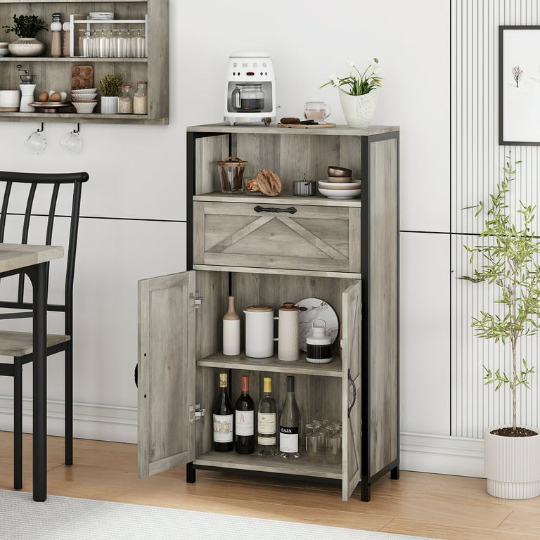 WhizMax Farmhouse Storage Cabinet Bathroom Cabinet with Doors and Drawer Wood Bathroom Floor Cabinet with Metal Frame Standing Buffet Cabinet Grey