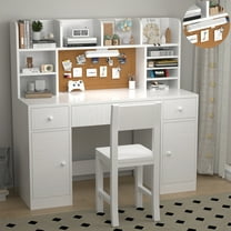 OGKBIR White Wooden Kids Study Desk and Chair Set, Childrens Desk with Light, 3 Drawers, 4 Storage Cabinets and 4 Storage Open Shelves, Boys & Girls Study Desk for Bedroom and Kidsroom