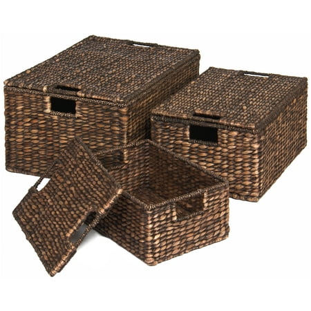 Best Choice Products Set of 3 Water Hyacinth Woven Storage Basket Chests w/ Attached Lid, Handle Hole -