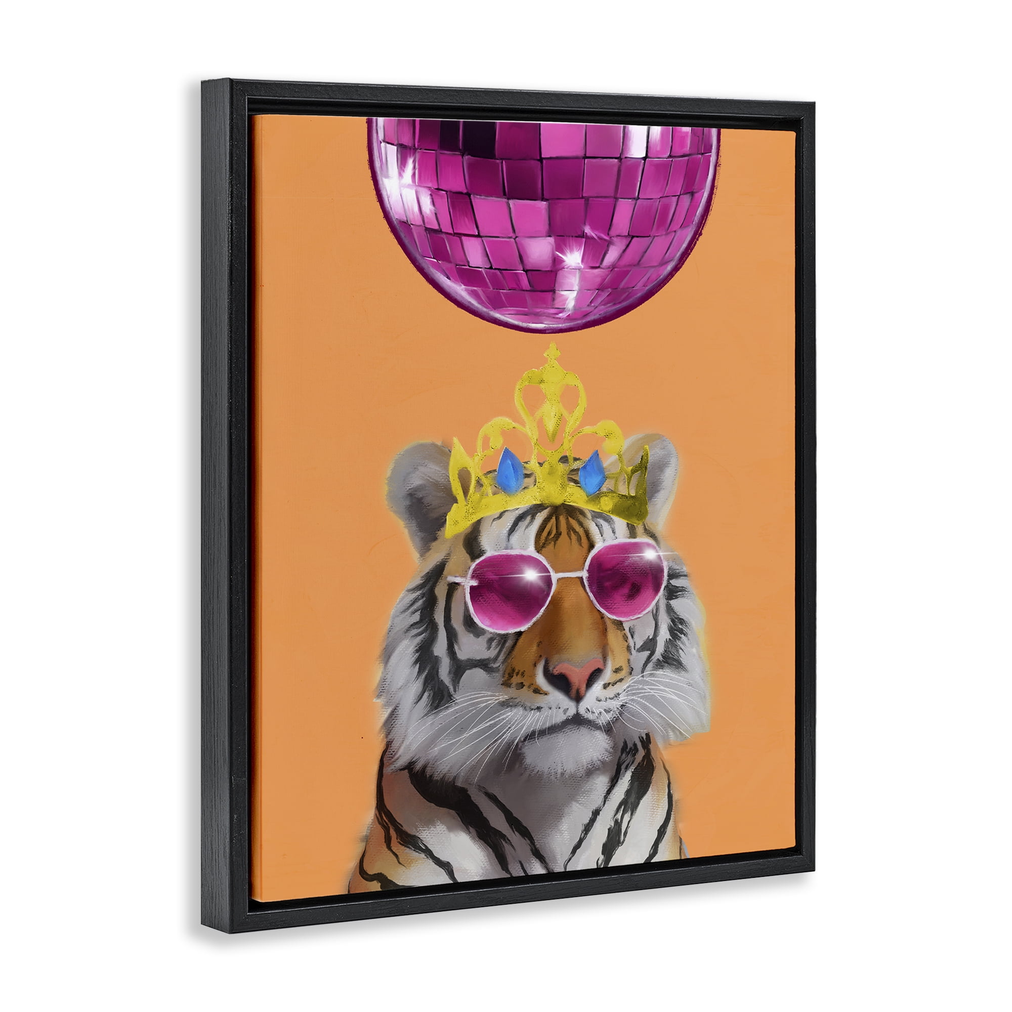 Stupell Industries Disco Tiger with Crown Animals Painting Black Floater Framed Canvas Art Print Wall Art, 17 x 21