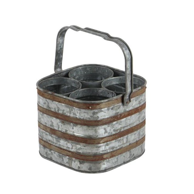 Benjara BM216551 Farmhouse Rectangular Metal Bottle Holder with 4 Slots, Galvanized Gray