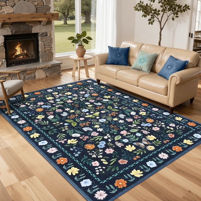 Gaderth 5x7 Floral Butterfly Area Rug, Machine Washable Living Room Rug With Non Slip TPR Backing, Stain Resistant Low Pile Indoor Carpet For Bedroom Dining Room Nursery Home Office