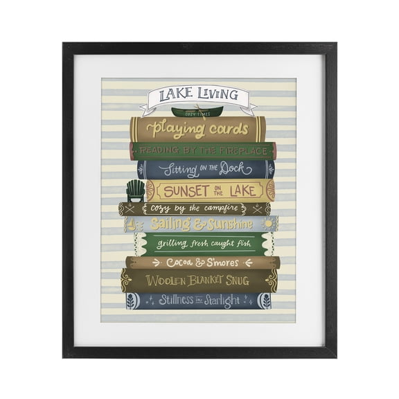 Stupell Industries Cottage Lake Living Book Stack Black Framed Print Under Glass, 13 x 16, by Giao Williams