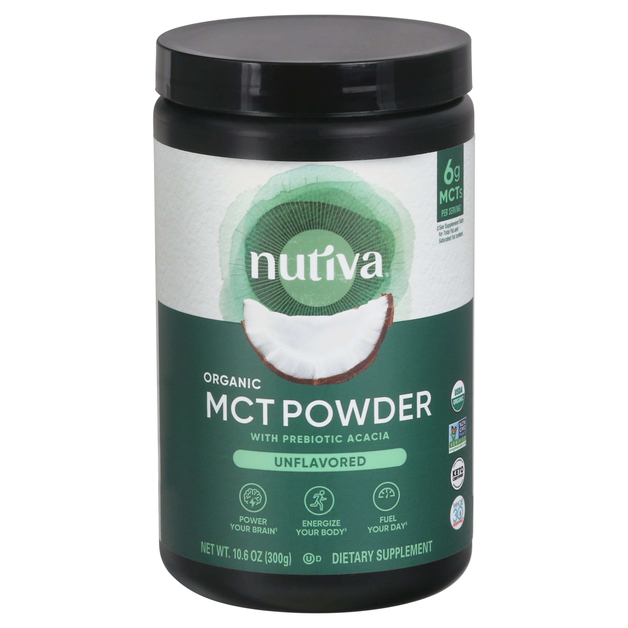 Nutiva Organic MCT Powder, Prebiotic Acacia Fiber, Unflavored, 10.6 Ounce