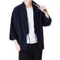 thumbnail image 2 of Haseil Cárdigan tipo kimono para hombre, chaquetas japonesas, algodón informal, camisa de manga 3/4, abrigo frontal abierto, lino ligero, Yukata, azul marino, talla 2XL = talla L, 2 of 5