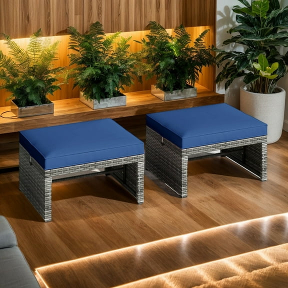 YYAo Footstool Ottoman Seat,2 Pieces Patio PE Rattan Ottomans with Soft Zippered Cushions for Deck-Navy