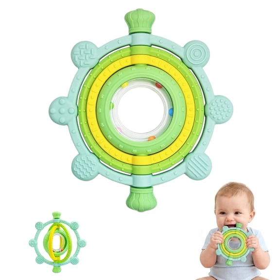 Rotatable Silicone Teether Toy for Babies Over 3 Months -BPA Free, Food Grade Infant Teething Toy with Rattle Ring