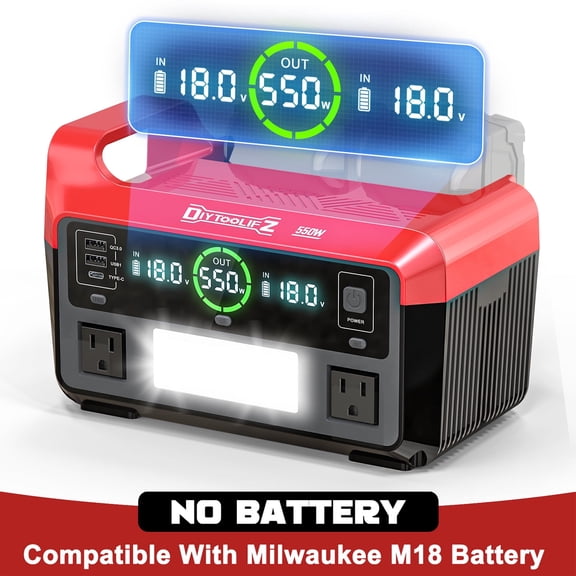 550W Power Station Compatible with Milwaukee: Portable Generator DC 18V to AC 110V, Pure Sine Wave Power Inverter Battery Adapter with 2 USB-A & 1 Type-C Ports & 2 AC Outlet (Tool Only)