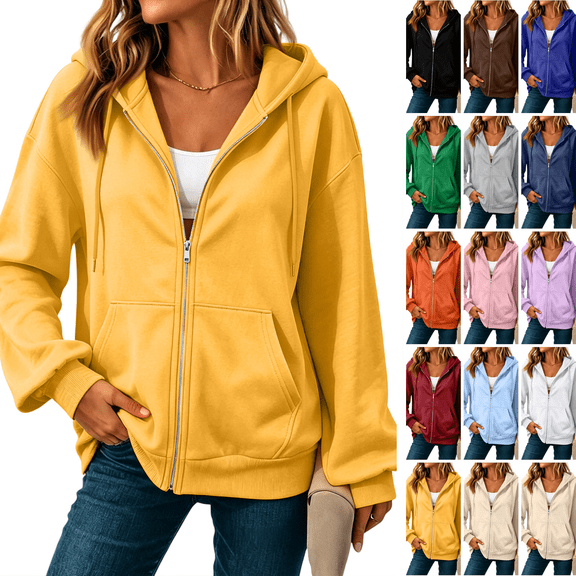 Evdexr Zip Up Hoodies for Women Lightweight Long Sleeve Sweatshirt Jacket Comfort Plus Size Loose Fit Hooded Coat with Pockets Yellow S