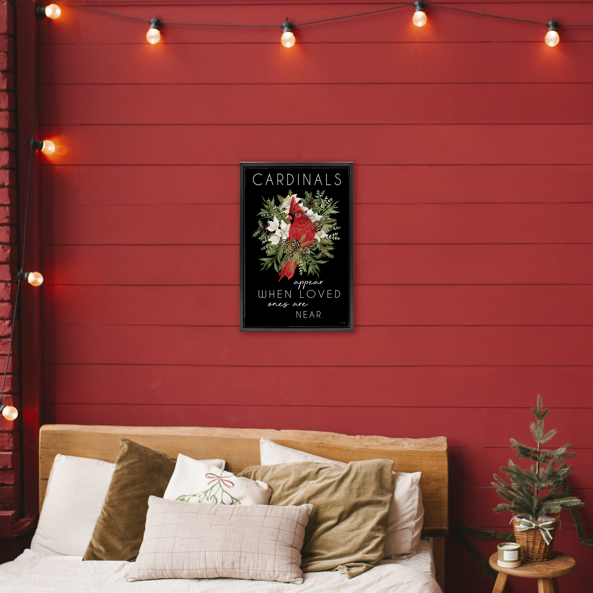 Cardinals Appear Seasonal Sentiment Black Framed Floater Canvas Wall Art, design by Cindy Jacobs