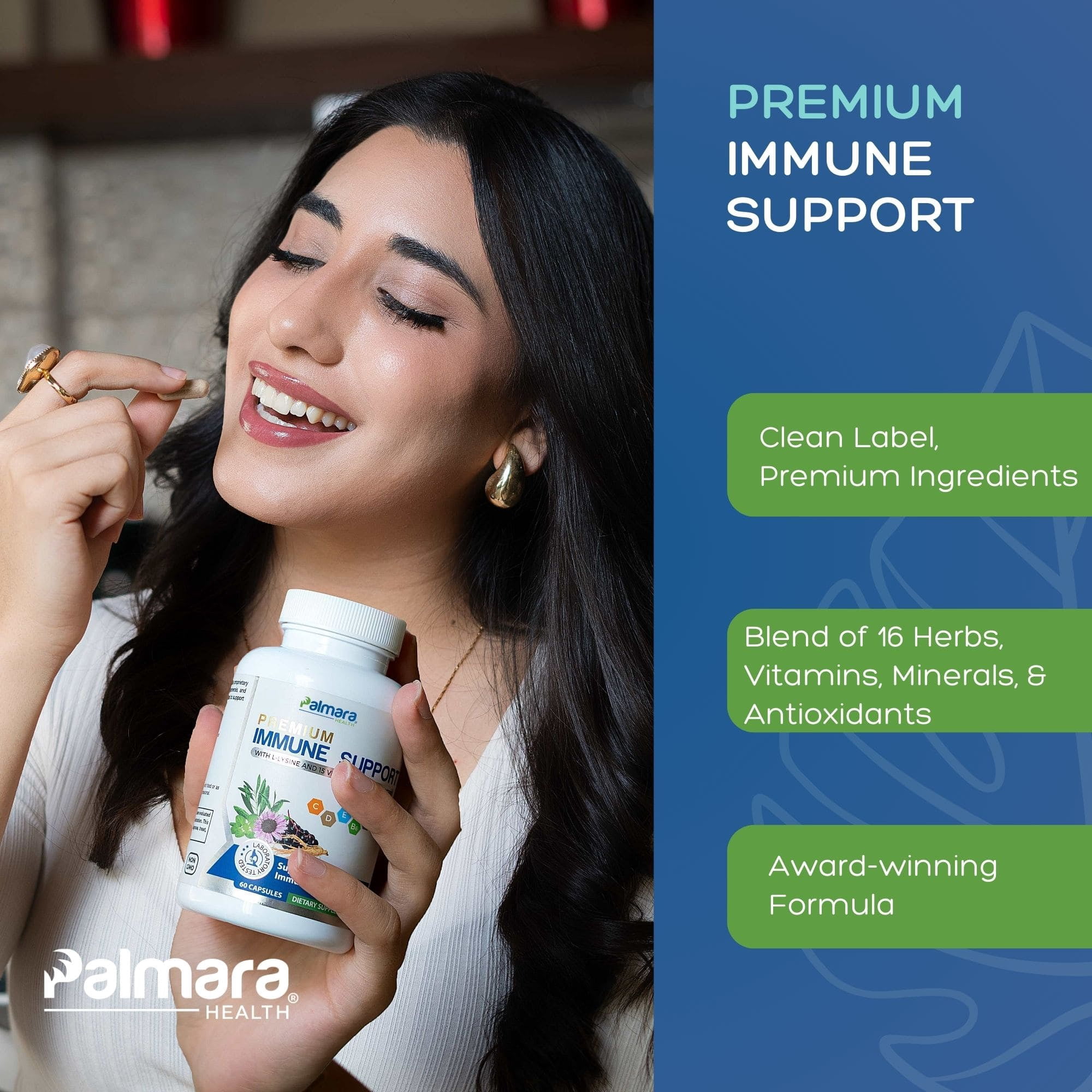 16-in-1 Immune Support - L-lysine Dietary Supplement - 60 Vegan Capsules - Palmara Health