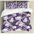 thumbnail image 1 of Floral Duvet Cover Set King Size, Plumeria Flowers and Toucan Bird Hand Drawn Demonstration on Violescent Backdrop, Decorative 3 Piece Bedding Set with 2 Pillow Shams, Grey and White, by Ambesonne, 1 of 3