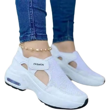 Women Sneaker Orthopedic Air Cushioned Sole Flying Woven Casual Sneakers Breathable Mesh Round Head Thick Bottom Magic Sticker Fashion Women s Shoes  for Daily Wear