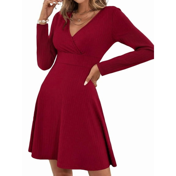 Womens Fall Long Sleeve Mini Dress Wrap V Neck Flowy Swing A-Line Casual Dressy Business Work Dresses Wine Red S