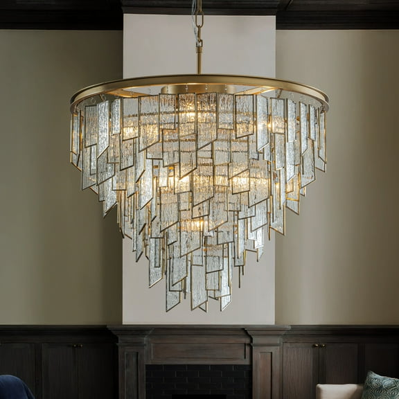 9-Light Luxury Water Ripple Glass Chandelier Pendant Light Modern Brass Frame Lighting Fixture for Dining Room Living Room and Kitchen Island