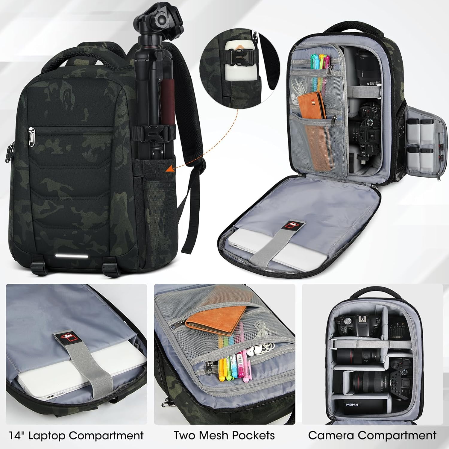 Camera Bag Backpack Professional for DSLR SLR Mirrorless Camera Waterproof Laptop Back Pack 14 Inch with Rain Cover Anti Theft Travel Case Large Capacity Photography Backpack Black
