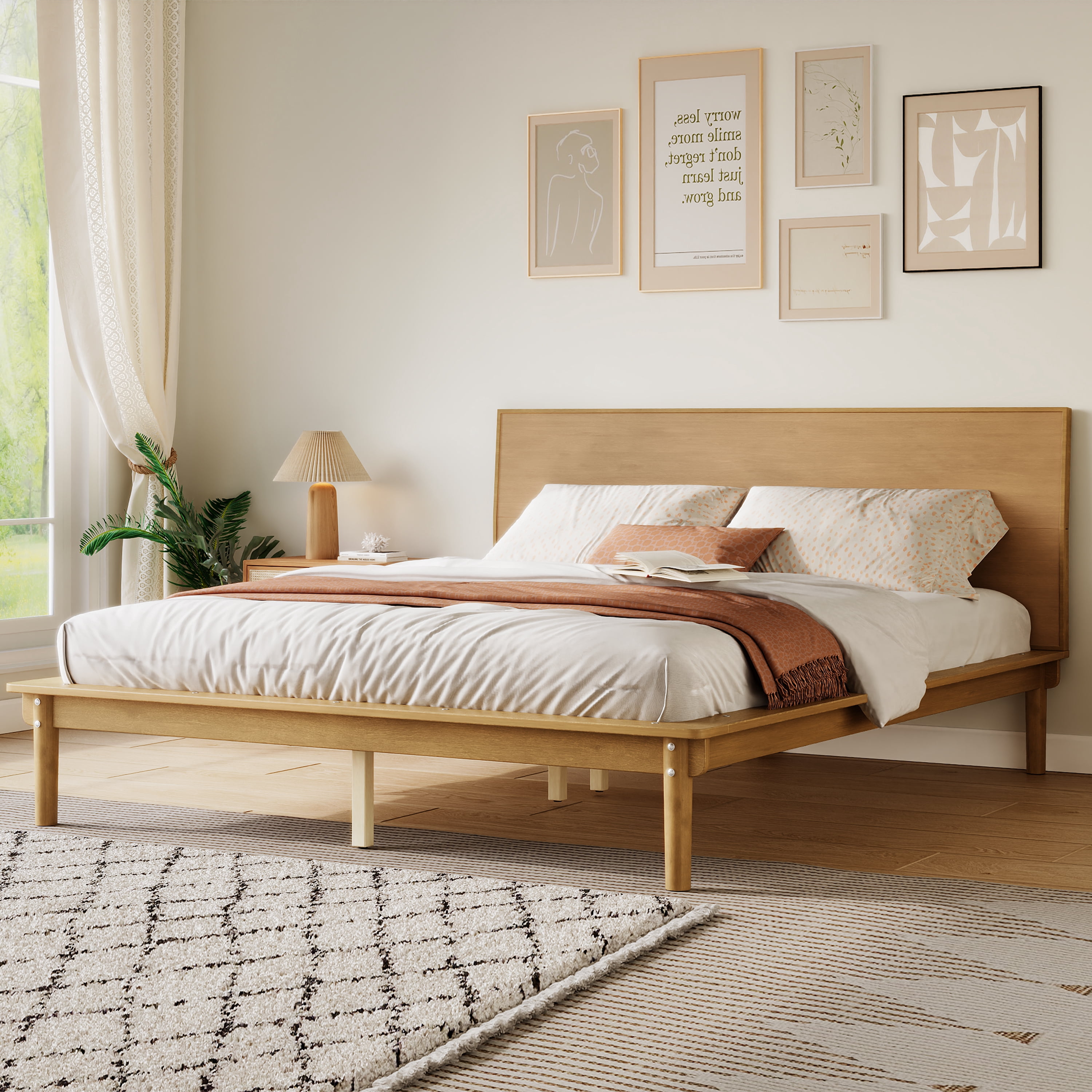 Euroco Wood Mid-Century Queen Bed, Low Profile Platform Bed Frame with Subtly Angled Headboard, Widened Side Rails, No Box Spring Needed, Natural