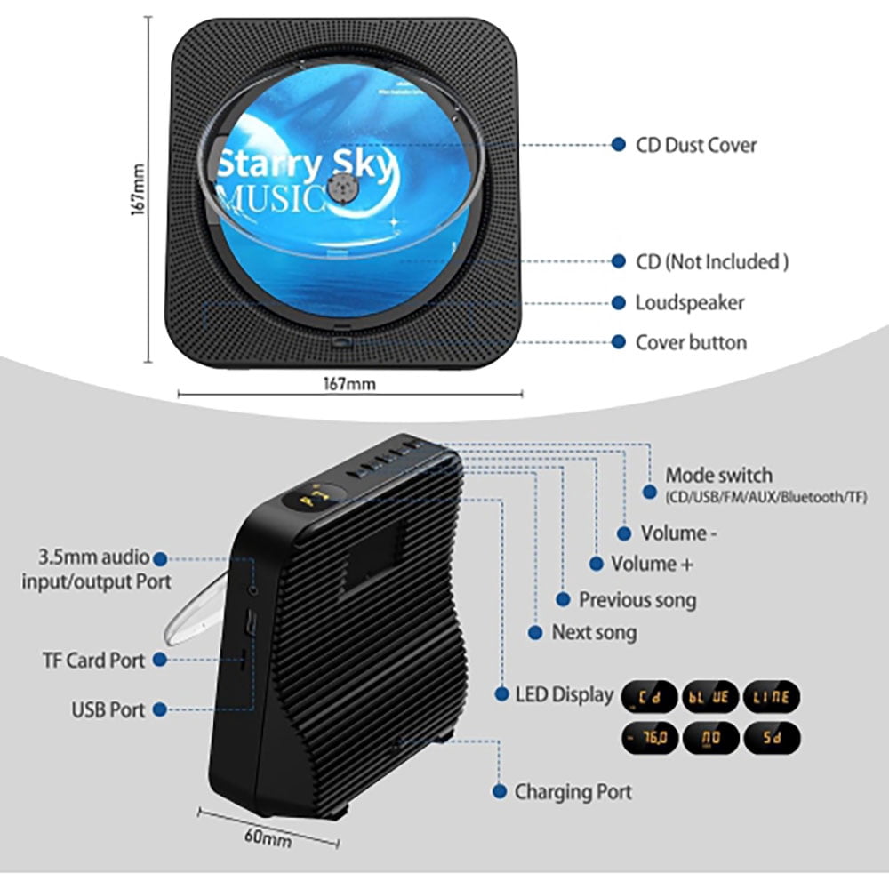 Nidemao Portable CD Player with Bluetooth Functionality; Home Desktop CD Player; Built-in High-Fidelity Speakers; Equipped with Remote Control, Dust Cover, LED Display; Home Audio System with FM Radi