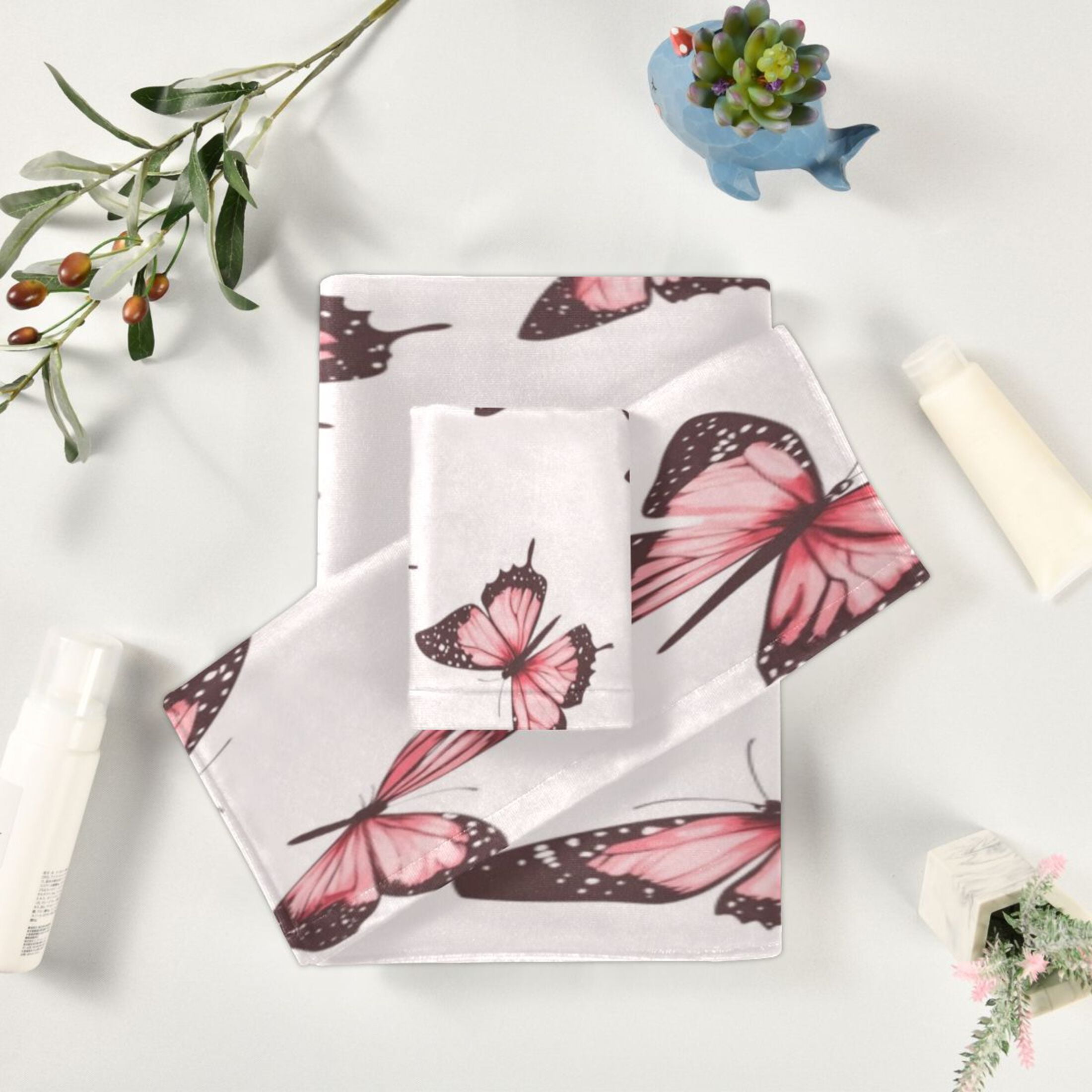 Three-Piece Towel Set Face Towel Towel Set Hand Towel Bath Towel Cotton Bath Towels Bath Towel Sets Hand Bath Towels Pretty Pink Cute Butterfly