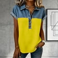 thumbnail image 5 of Feancey Denim Patchwork Shirt for Women Cap Sleeve Henley Neck Work Tops Lightweight Breathable Button Up Blouse Summer Casual Collared Tee Shirts Yellow S, 5 of 6