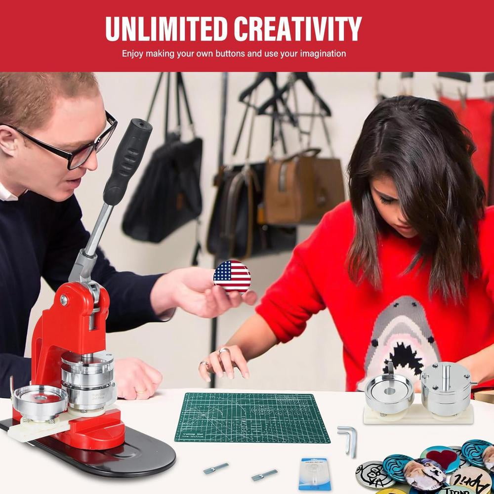 Button Maker Machine - Multiple Sizes, Button Pin Maker 1.25+2.28 inch, Interchangeable Button-models Badge Button Press Machine with 300 Sets Button Maker Supplies &Circle Cutter&Cutting Mat