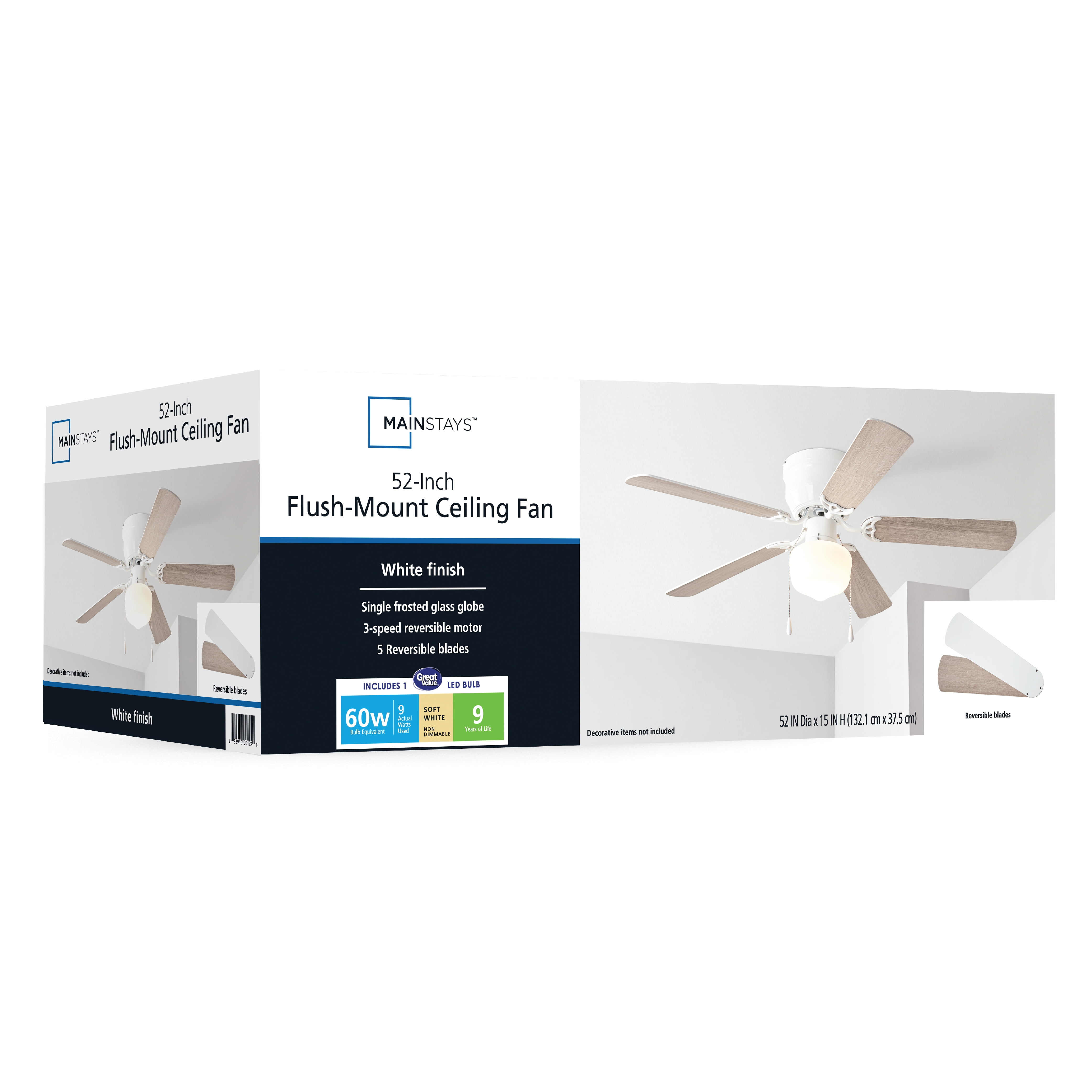 Mainstays 52 inch Hugger Indoor Ceiling Fan with Light Kit, White, 5  Blades, Reverse Airflow