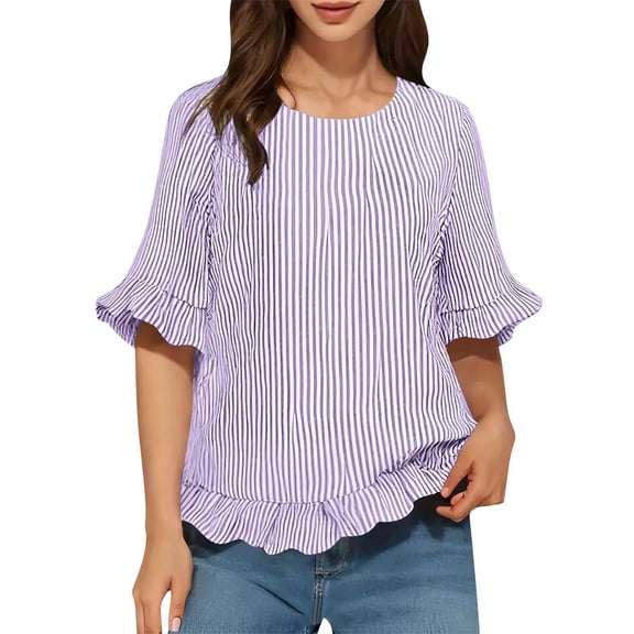 Yievot Womens Summer Tops Ruffle Flowy Half Sleeve Striped Shirts Crew Neck Dressy Business Casual Blouses
