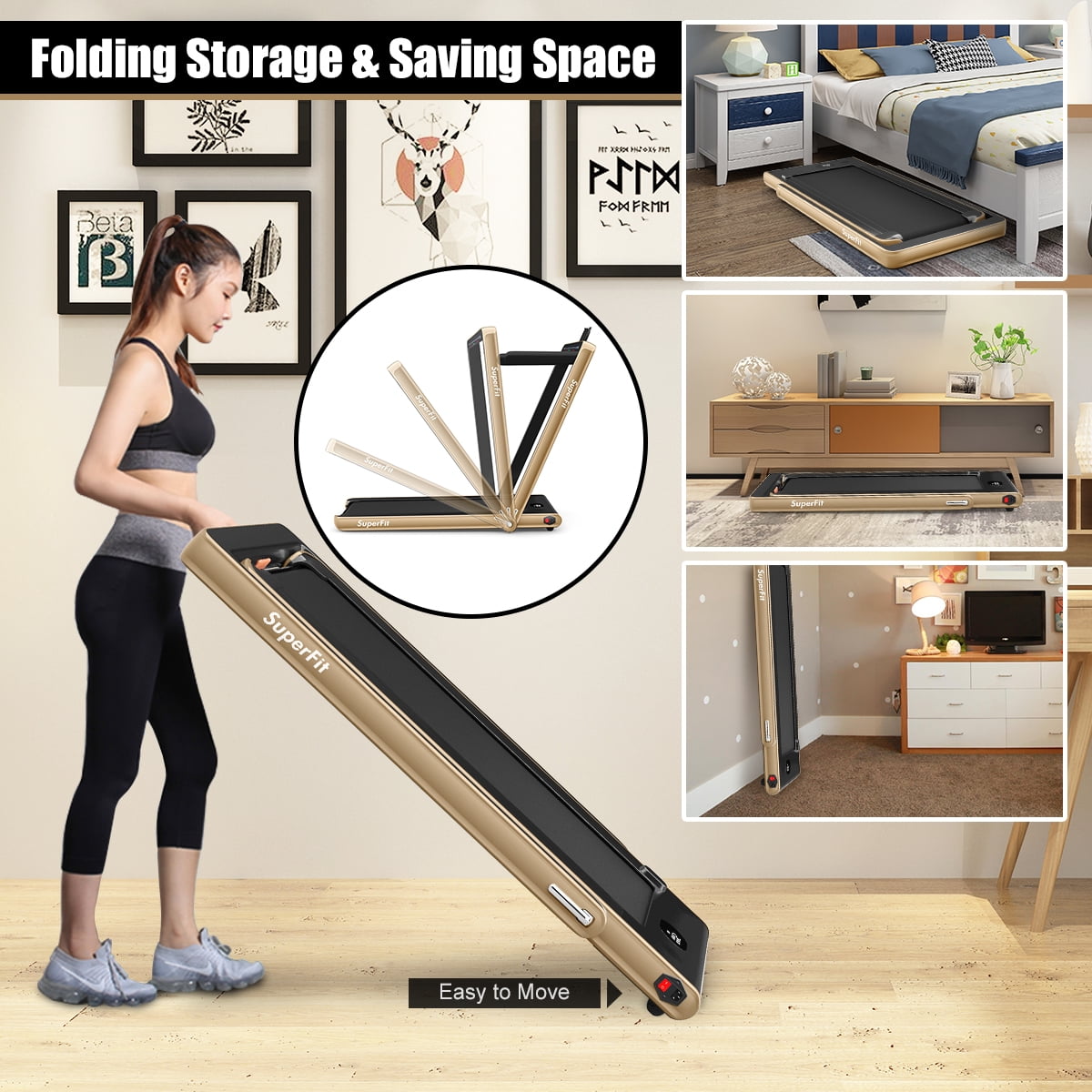 Gymax 2 in 1 Folding Treadmill 2.25HP Running Machine w/ Dual Display Gold