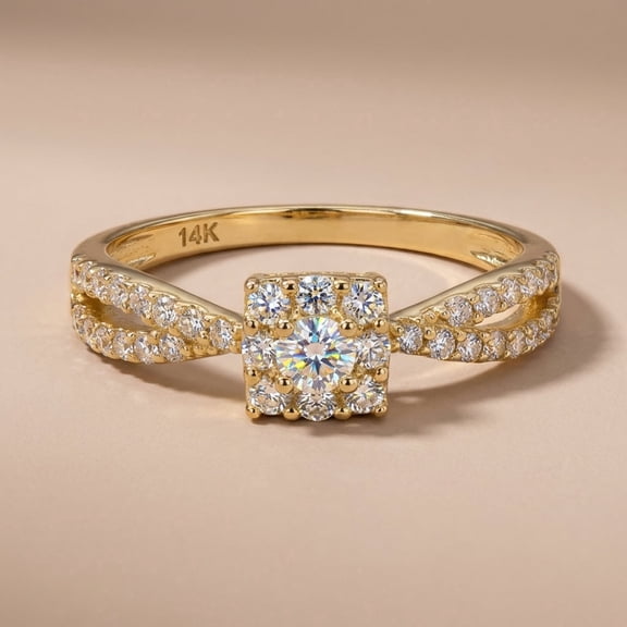 Vinali Solid 14K Yellow Gold Modern Square Round CZ Ring for Women Size 5