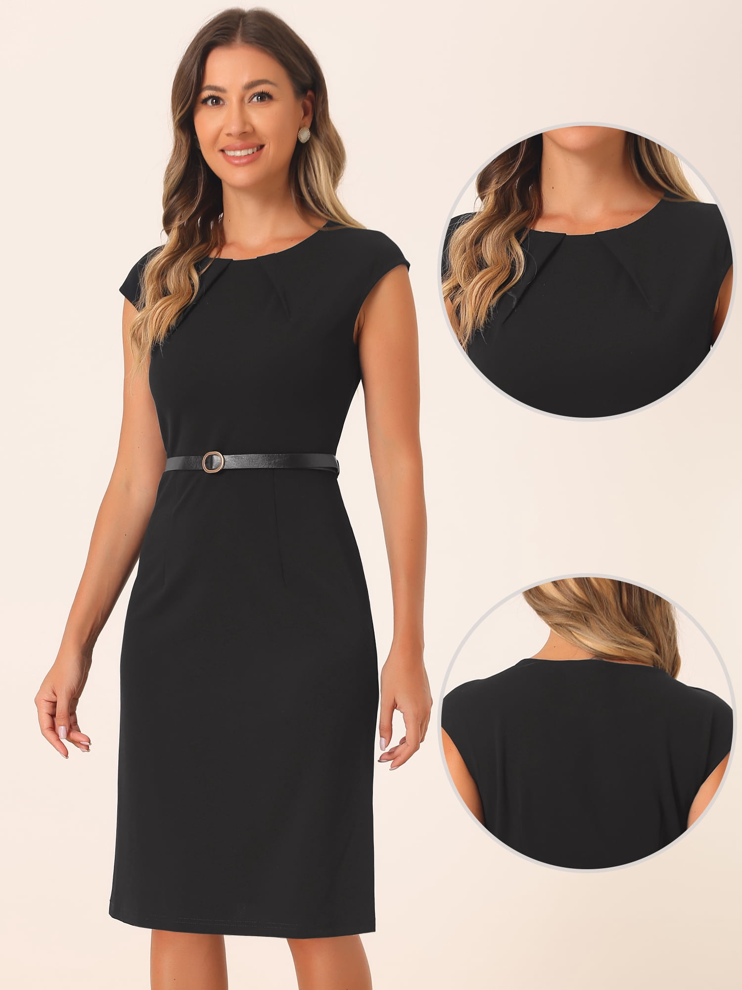 DARING DIVA Elegant Round Neck Cap Sleeve Belted Work Sheath Dresses M Black