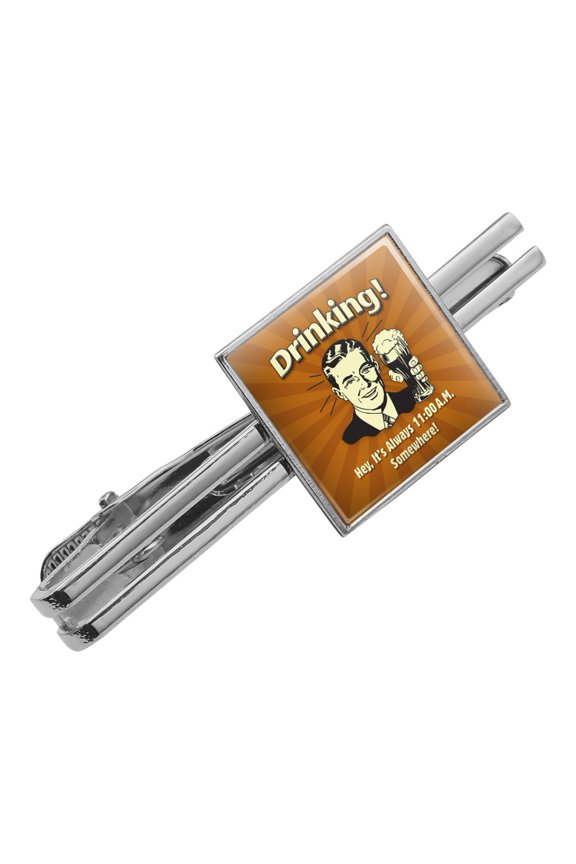 Drinking It's Always 11am Somewhere Funny Humor Square Tie Bar Clip Clasp Tack- Silver or Gold