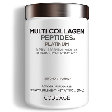 Codeage Multi Collagen Protein Powder Platinum, Biotin, Vitamin C, B, D3, Keratin, Hyaluronic Acid, 11.50 oz