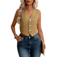 thumbnail image 2 of mdesiwst Linen Vest Top for Women Casual Slim Fit Sleeveless Button Down Waistcoat V Neck Crop Office Work Outfit, 2 of 8