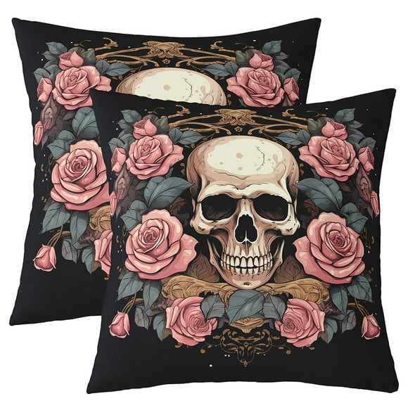 YST Set of 2 Sugar Skull Cushion Covers 22x22 Skull Floral Pillow Covers Red Rose Flowers Decorative Pillow Covers Skeleton Bones Blossoms Throe Pillow Covers Retro Gothic Bedroom Decor
