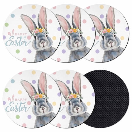Happy Easter Coasters Set of 6 Absorbent Coasters for Drinks Spring Rabbits Polka Dots Watercolor Coaster for Desk Coffee Table Protection Home Decor House Warming Gifts 4