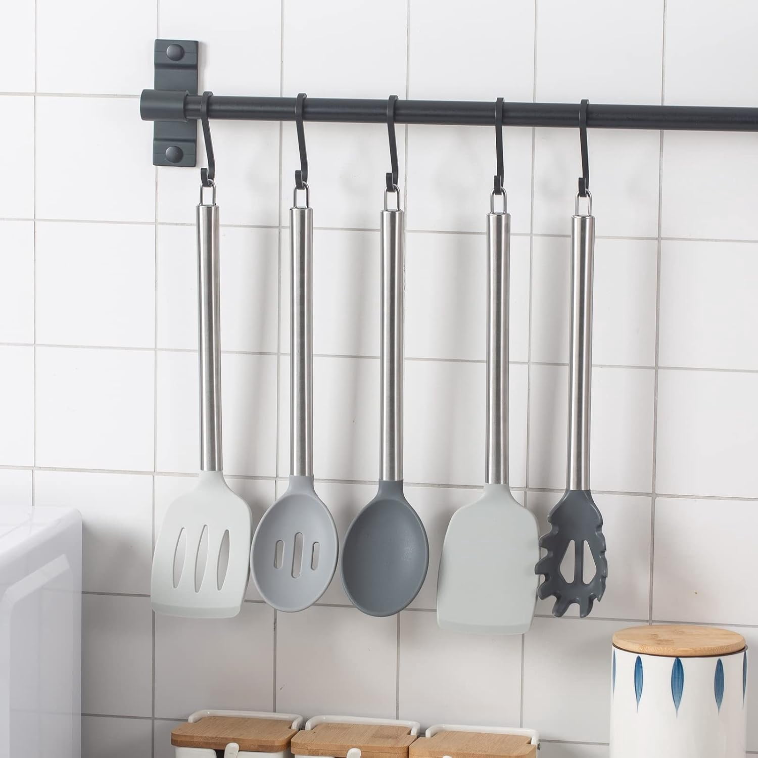 COOK WITH COLOR 5-Pc Cooking Utensils Set Kitchen Gadgets & Essentials, Gray Ombre