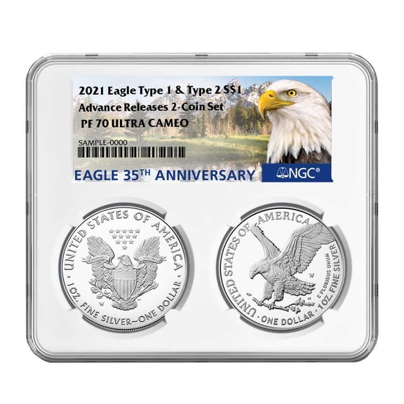 2021-W $1 T-1 & T-2 Proof Silver Eagle Set NGC PF70UC Advance Releases 35th Anniversary Label