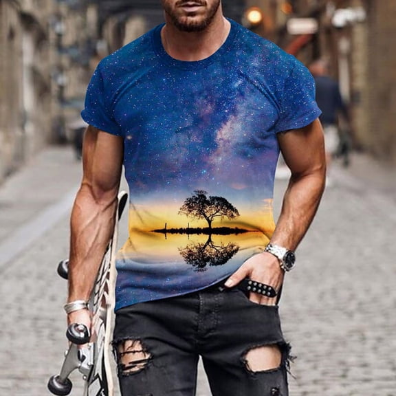 Fnnxeal Mens Galaxy Print T-Shirt 3D Muscle Fit Athletic Short Sleeve Space Astronomy Workout Tee Black Polyester Spandex,Size 2XL