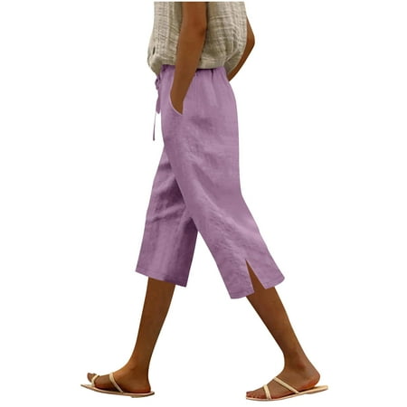 Kvture Womens Summer Bermuda Linen Shorts Knee Length Lightweight Loose Summer Casual Beach Shorts with Pockets Purple M