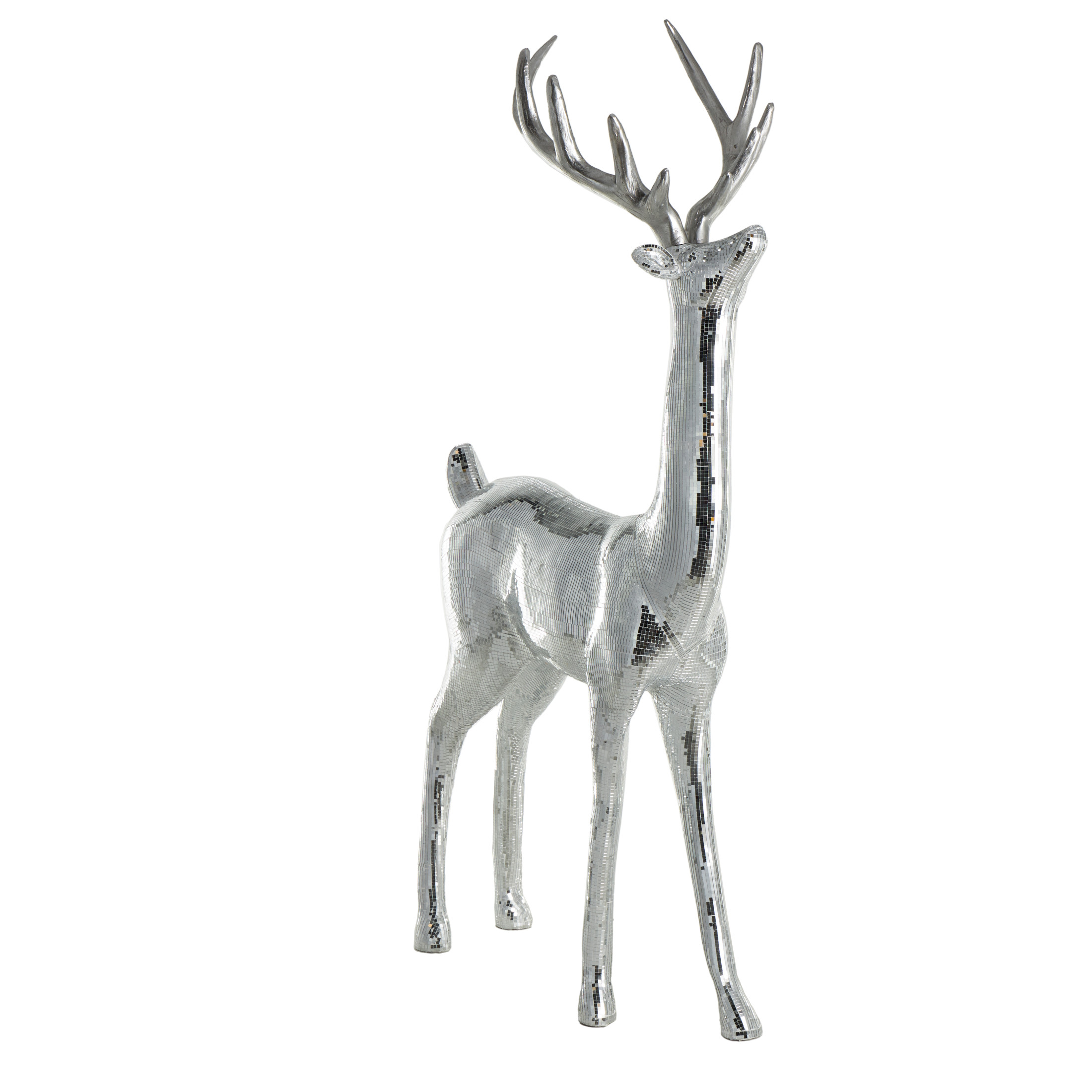 31" x 56" Silver Fiberglass Floor Reindeer Christmas Sculpture with Mosaic Pattern, by DecMode