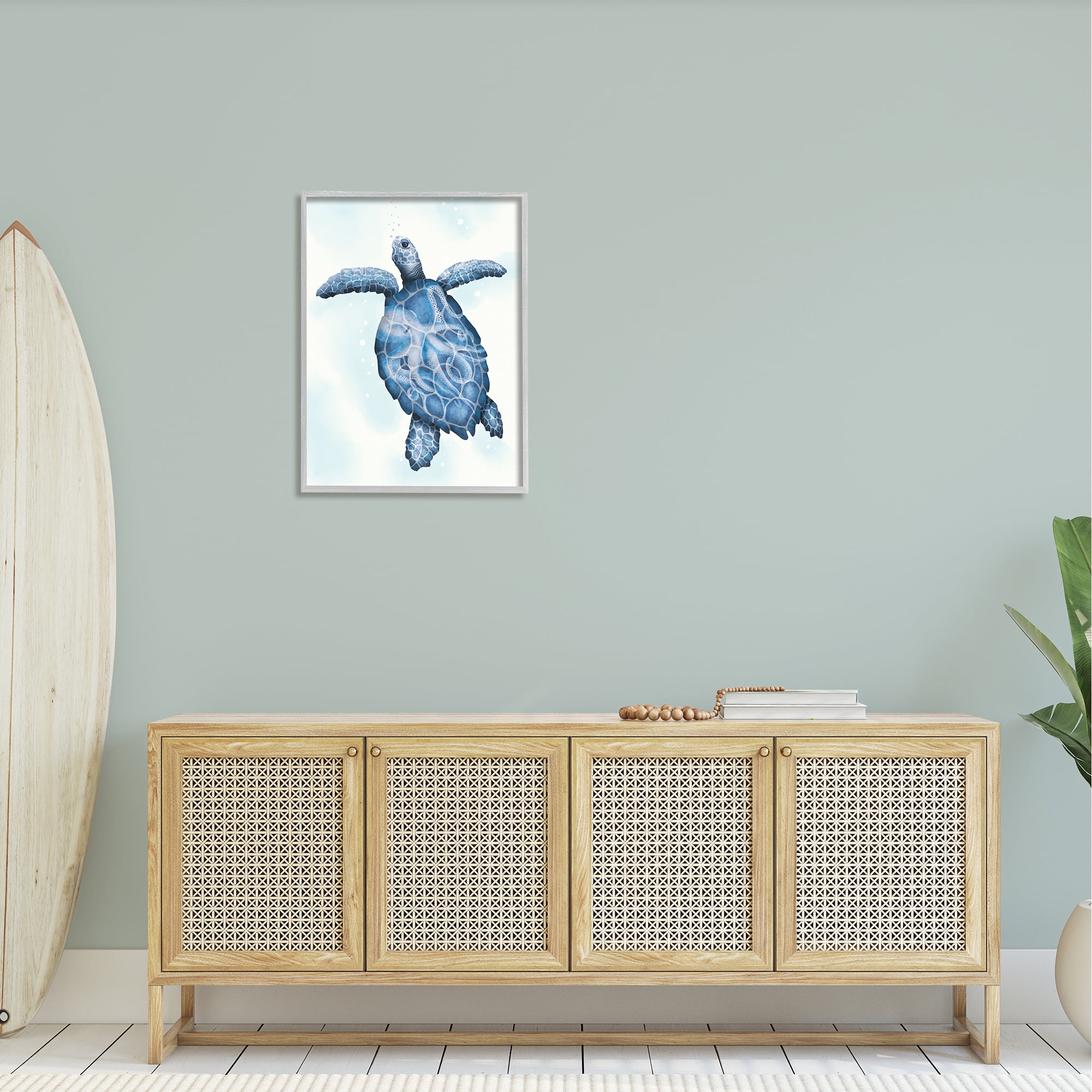 Stupell Industries Swimming Blue Sea Turtle Patterned Tentacles Shell Graphic Art Gray Framed Art Print Wall Art, Design by Darlene Seale