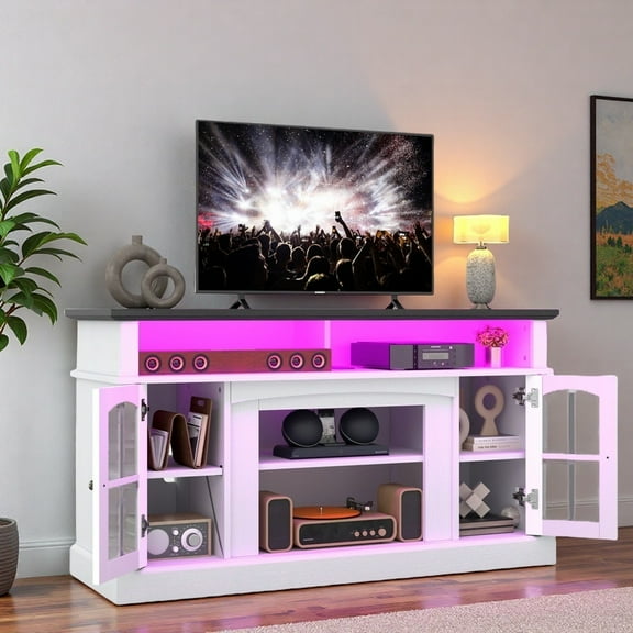 UFORIC TV Stand for 65 Inch TV w/Outlets, Farmhouse Entertainment Center with LED, Media Console TV Cabinet,White