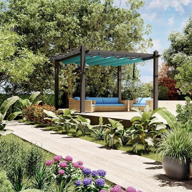 Bingirl Pavillon Extérieur en Métal Bleu 10 X 10 Pi avec Auvent Rétractable et Résistance aux UV