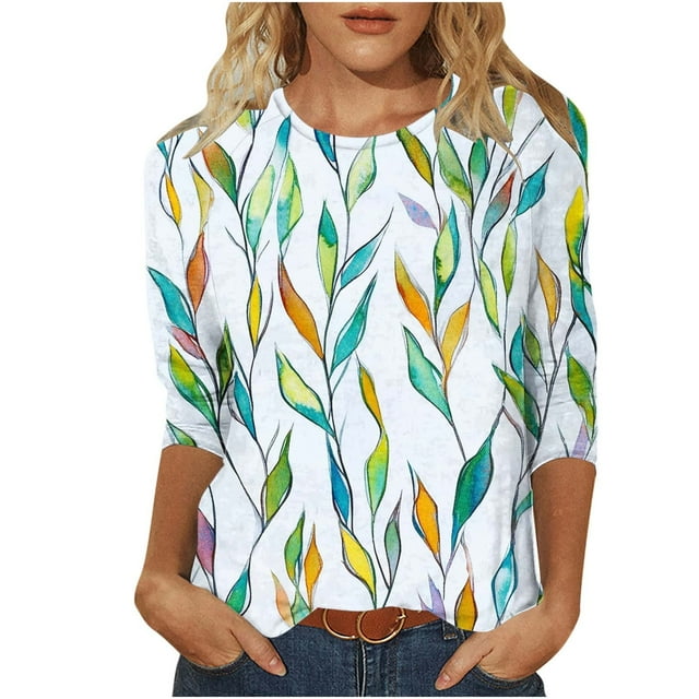 KIHOUT Nouveaux T-Shirts de Printemps pour Femmes T-Shirts Imprimés Amples pour Dames Blouse à Manches 3/4 Col Rond Hauts Décontractés