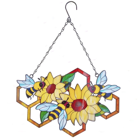 Bees & Flowers Suncatcher Stained Metal Window Hangings, Multi-Color Bee Flower Wall Art Decoration Sculpture Plaque Gifts (Double-Side Colorful Painted